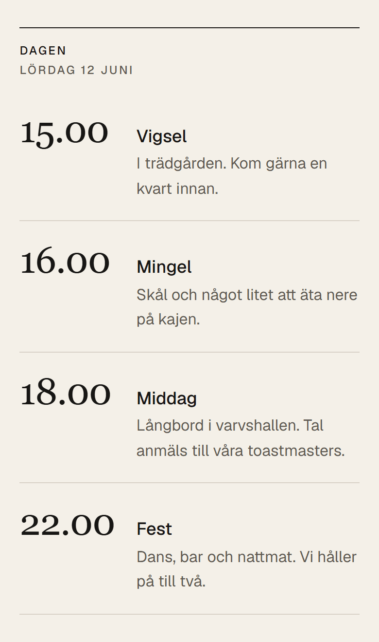 Dagens schema i inbjudan: vigsel 15.00, mingel 16.00, middag 18.00 och fest 22.00.
